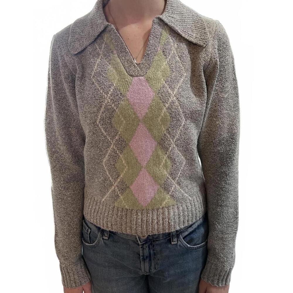 Almost Famous, Preppy- Light Academia Argyle Collared Vintage style M